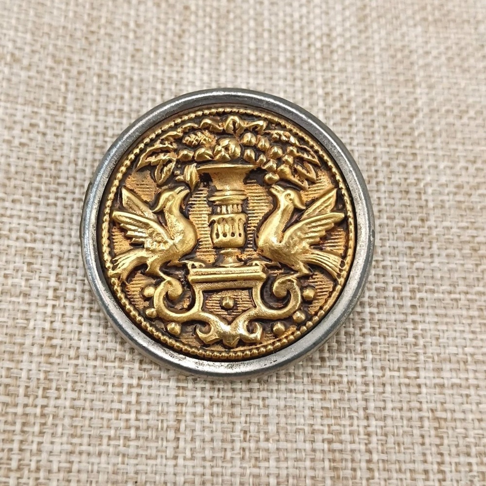Victorian Brass Button Birds Urn Motif Steel Rim ~31mm Shank Antique Pictorial